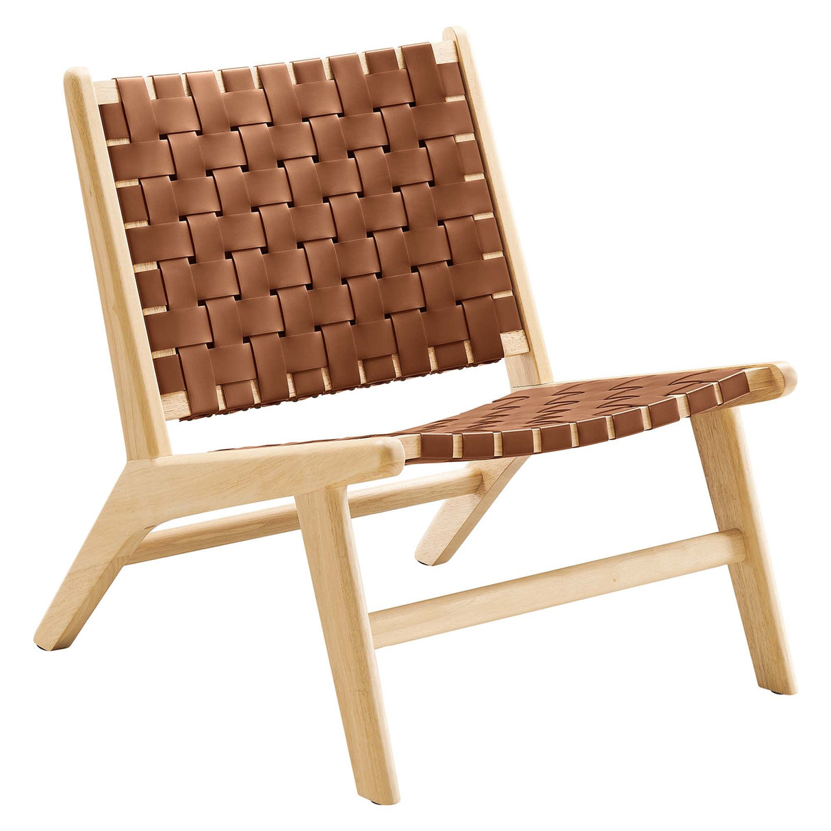 25 Inch Woven Leather Wood Accent Lounge Chair