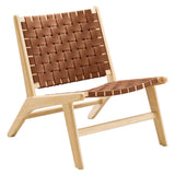 25 Inch Woven Leather Wood Accent Lounge Chair