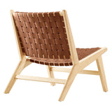 25 Inch Woven Leather Wood Accent Lounge Chair