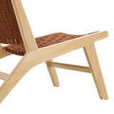 25 Inch Woven Leather Wood Accent Lounge Chair