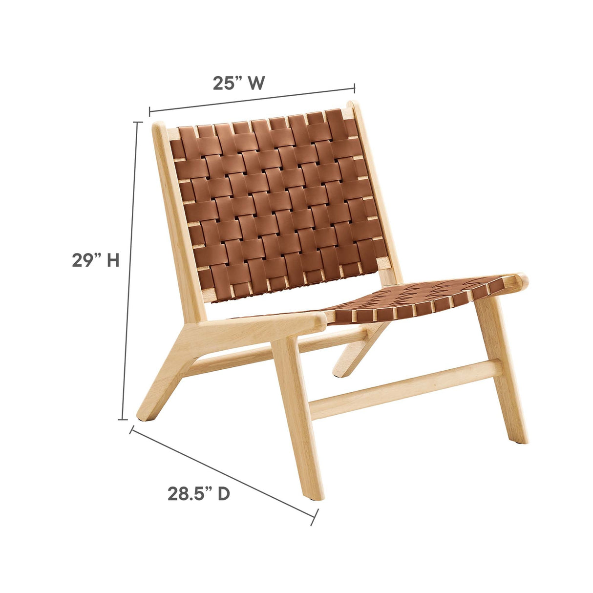 25 Inch Woven Leather Wood Accent Lounge Chair