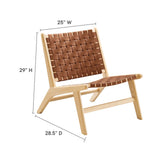 25 Inch Woven Leather Wood Accent Lounge Chair