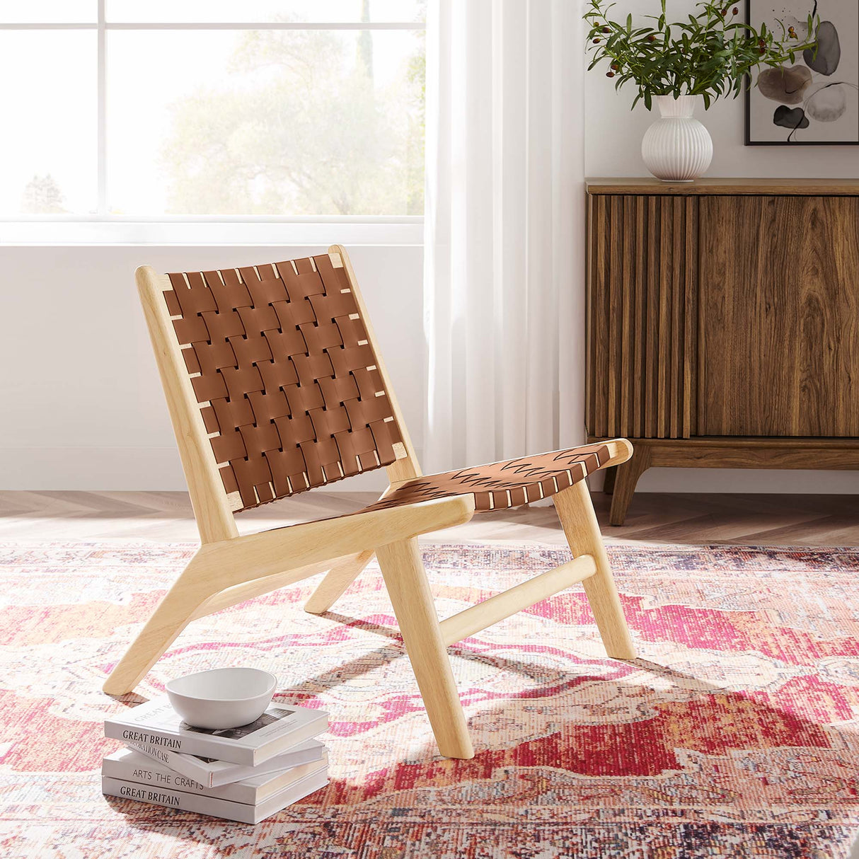 25 Inch Woven Leather Wood Accent Lounge Chair