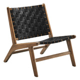 25 Inch Woven Leather Wood Accent Lounge Chair