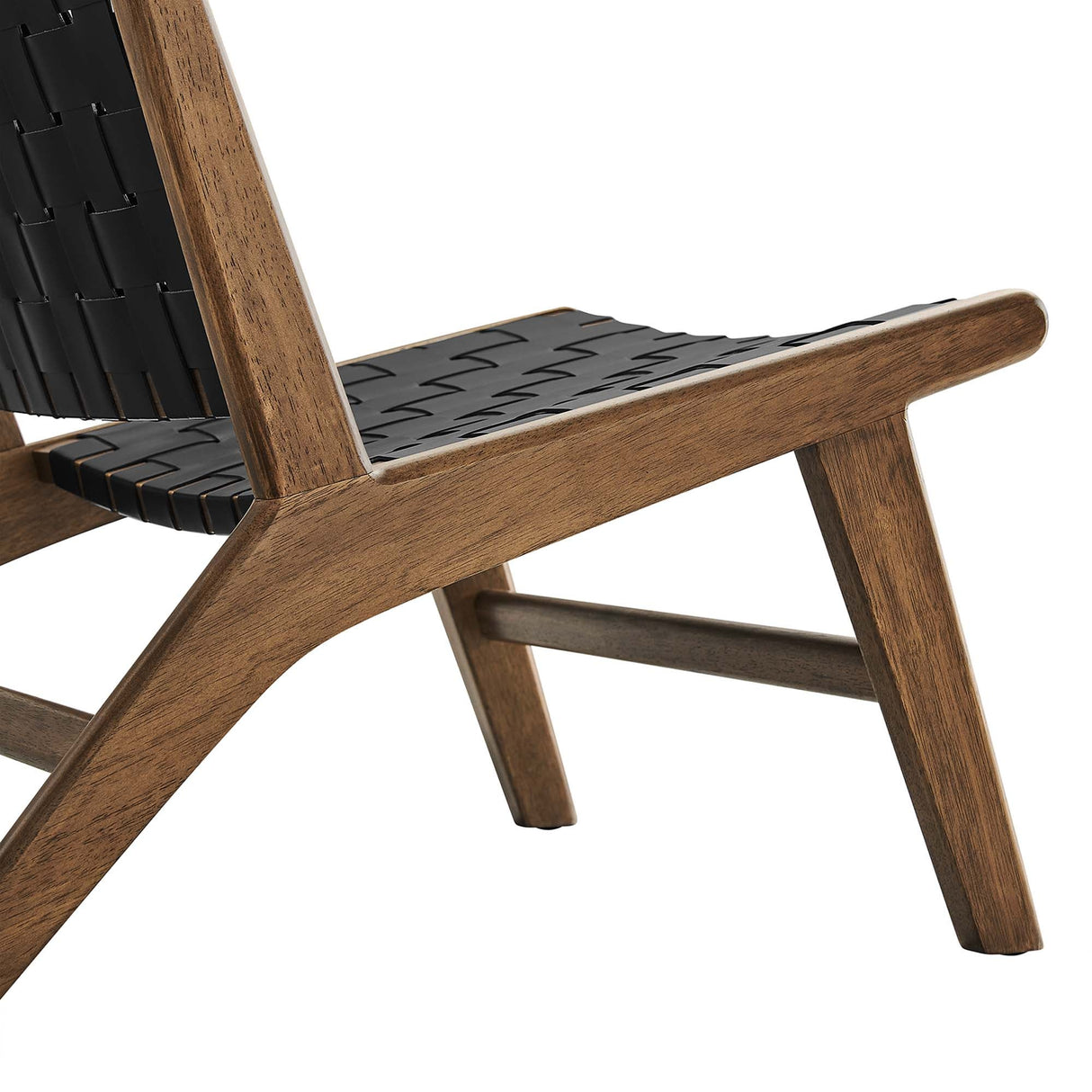 25 Inch Woven Leather Wood Accent Lounge Chair