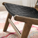 25 Inch Woven Leather Wood Accent Lounge Chair