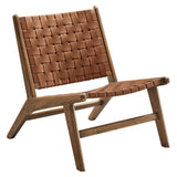 25 Inch Woven Leather Wood Accent Lounge Chair