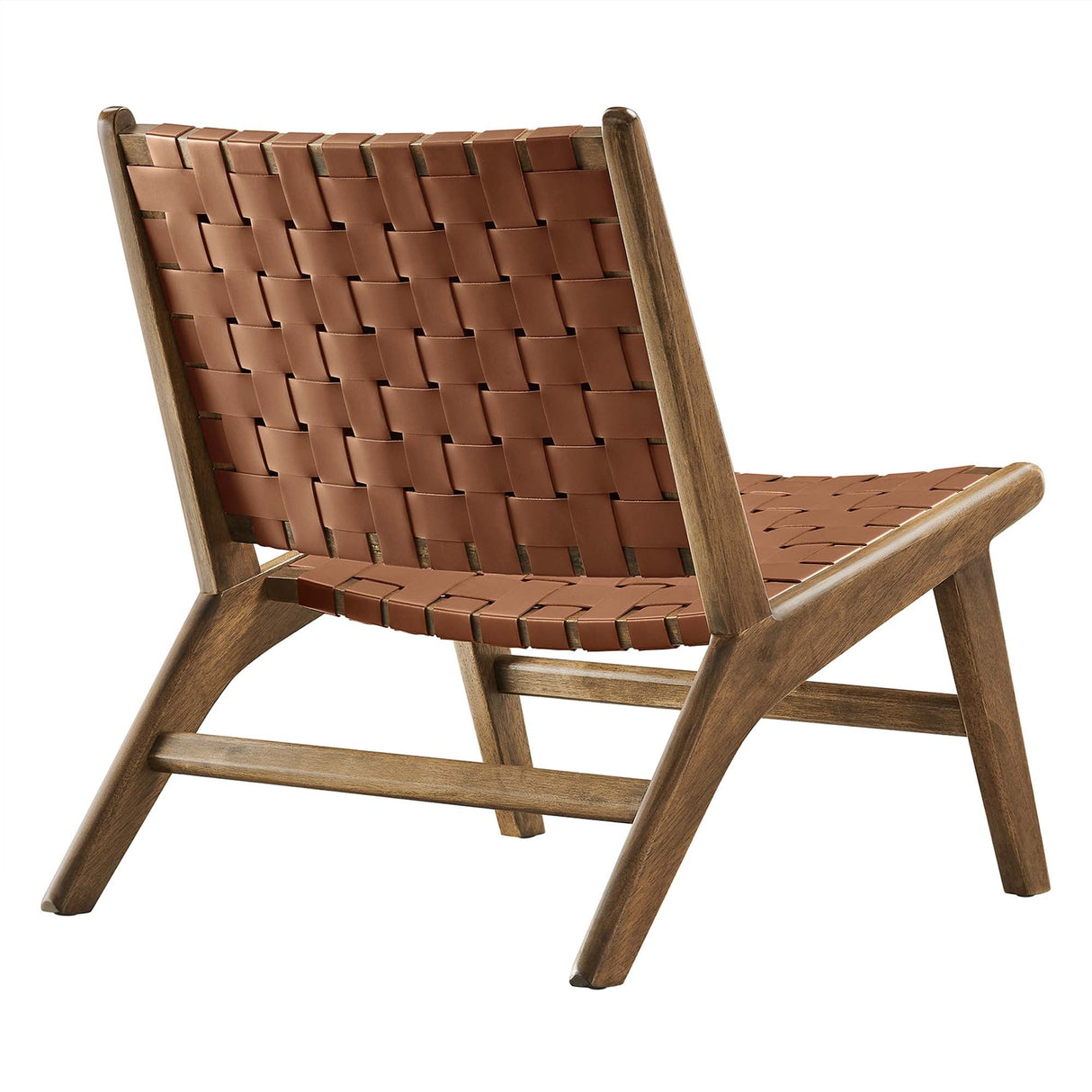 25 Inch Woven Leather Wood Accent Lounge Chair