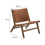 25 Inch Woven Leather Wood Accent Lounge Chair