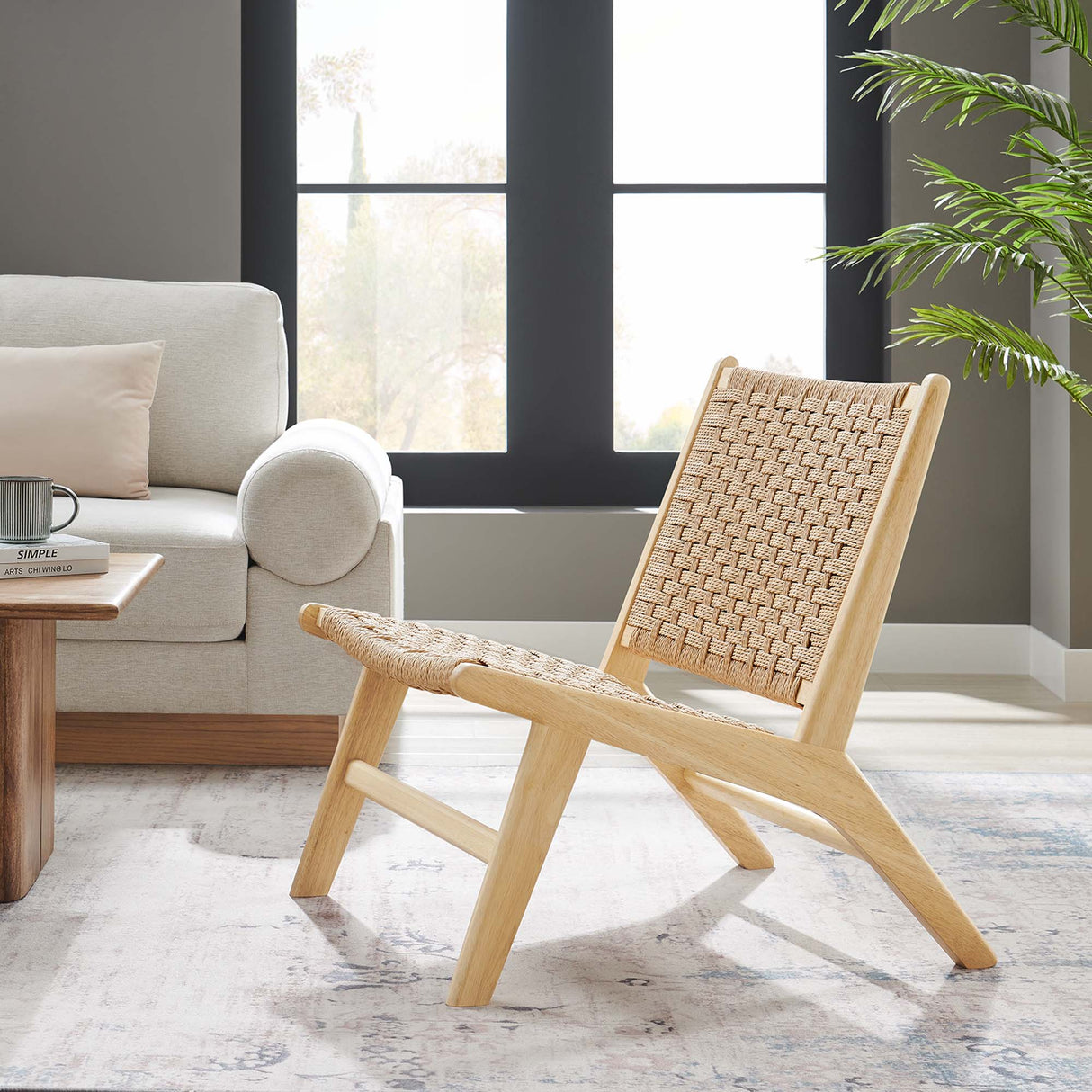 25 Inch Woven Rope and Wood Accent Lounge Chair
