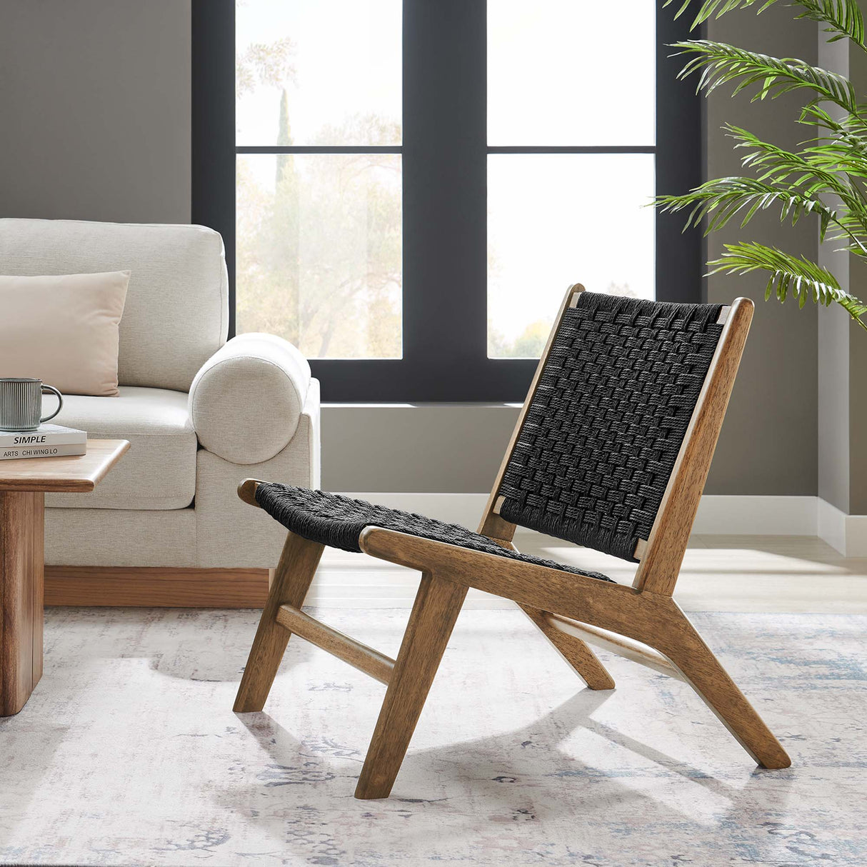 25 Inch Woven Rope and Wood Accent Lounge Chair