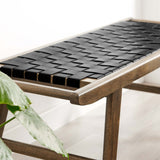 47 Inch Woven Faux Leather and Solid Wood Bench with Basket Weave Design