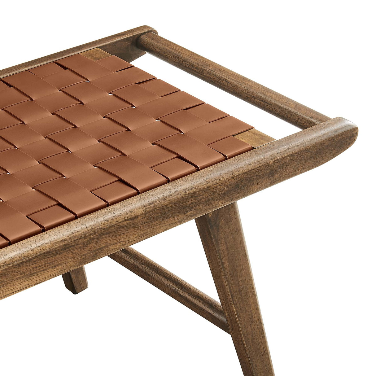 47 Inch Woven Faux Leather and Solid Wood Bench with Basket Weave Design