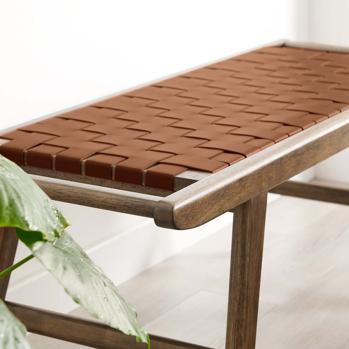 47 Inch Woven Faux Leather and Solid Wood Bench with Basket Weave Design