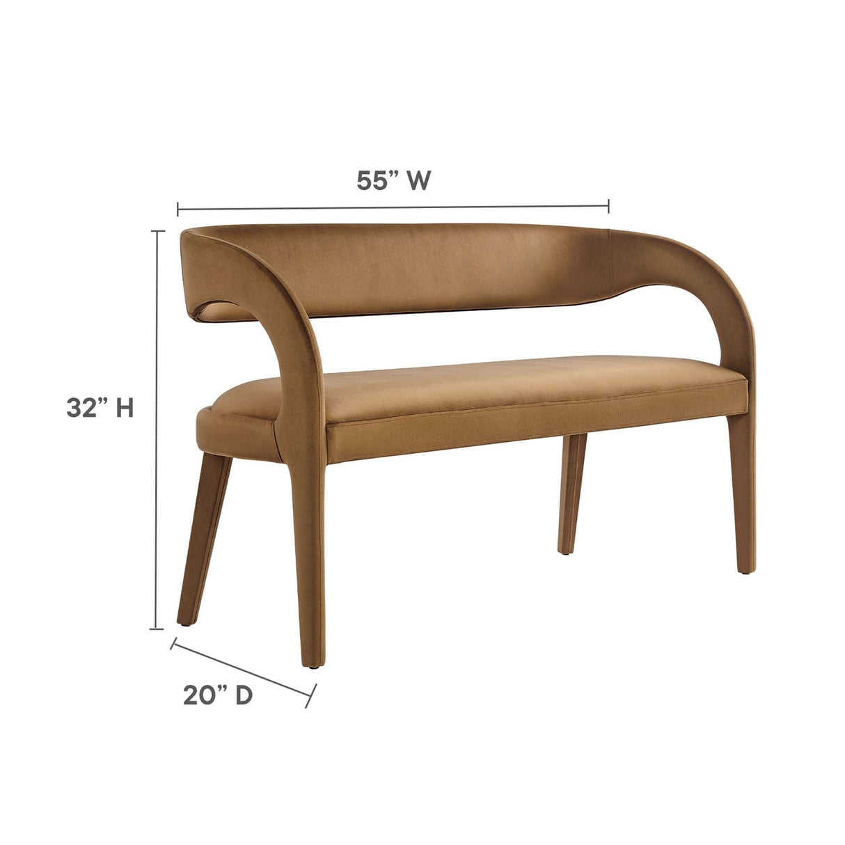 55 Inch Pinnacle Performance Velvet Accent Bench with Curved Open Backrest in Brown