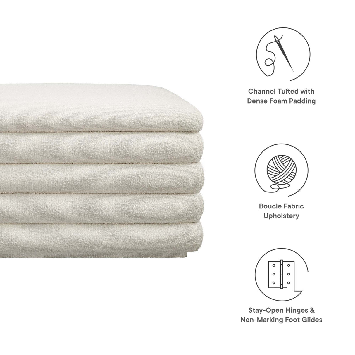 46 Inch Boucle Upholstered Storage Bench with Vertical Channel Tufting in Cloud