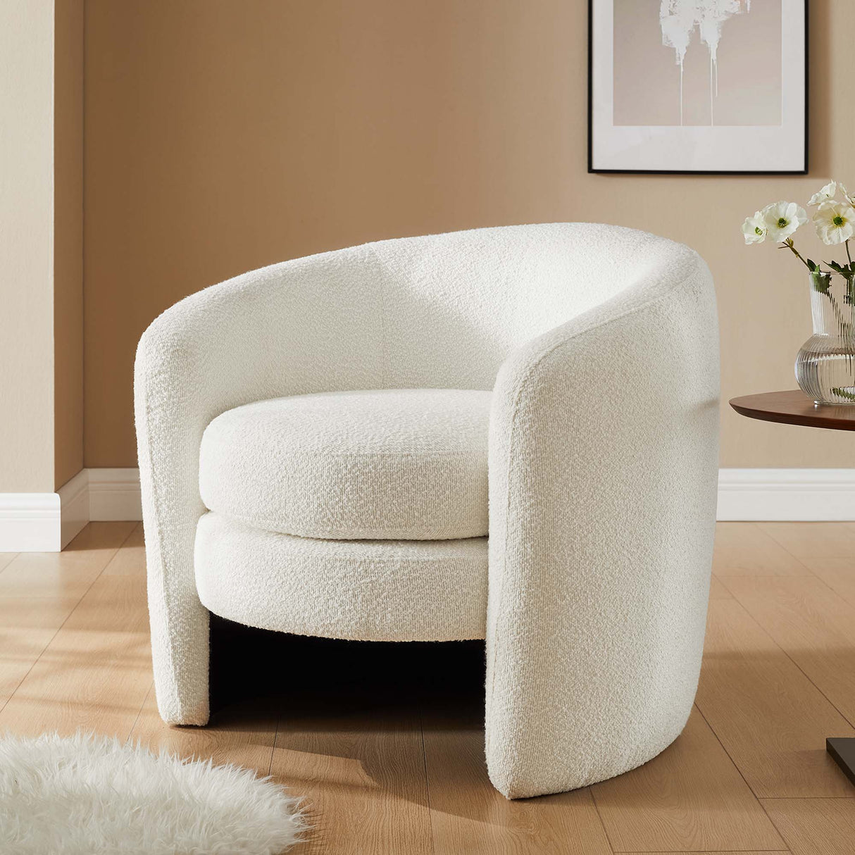 31 Inch Curved Back Boucle Fabric Barrel Armchair
