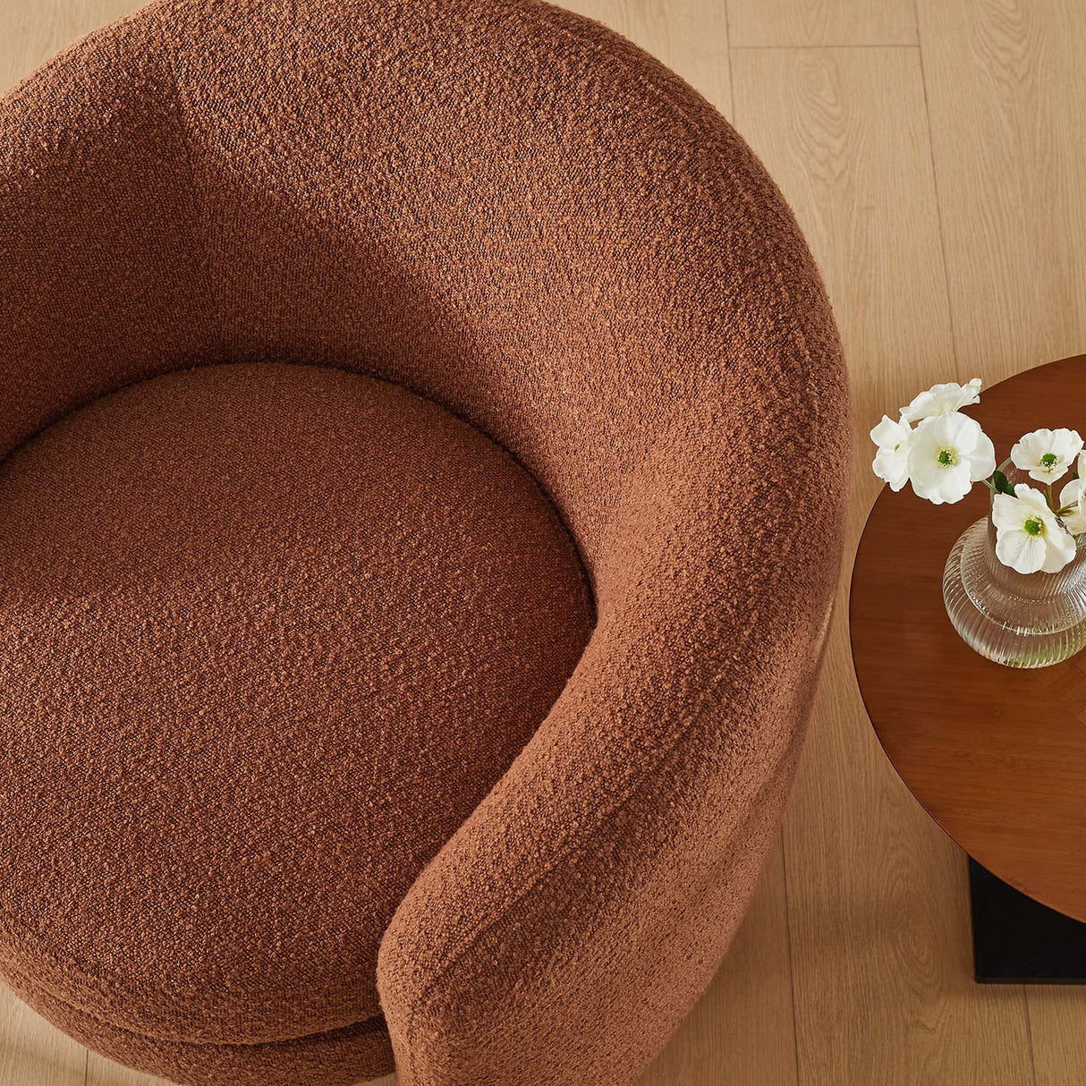 31 Inch Curved Back Boucle Fabric Barrel Armchair