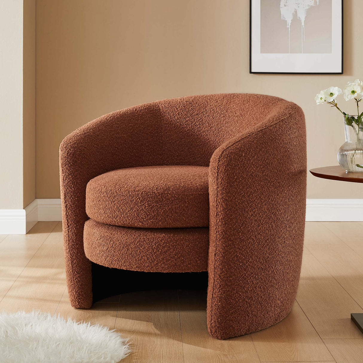 31 Inch Curved Back Boucle Fabric Barrel Armchair