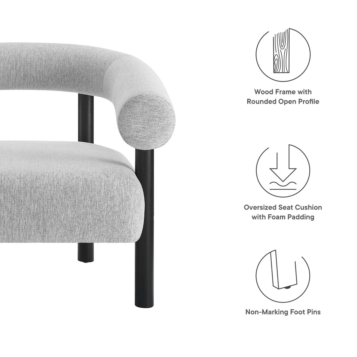 36 Inch Rounded Open Profile Heathered Fabric Armchair
