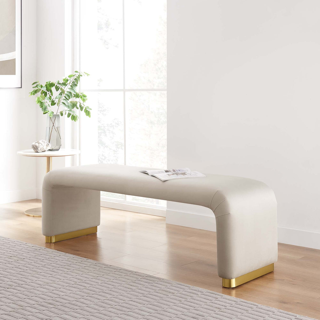 60 Inch Performance Velvet Waterfall Long Bench with Metal Base