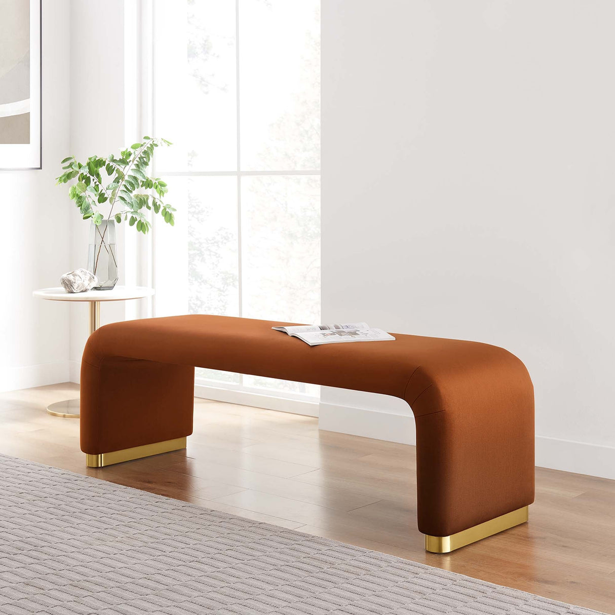 60 Inch Performance Velvet Waterfall Long Bench with Metal Base