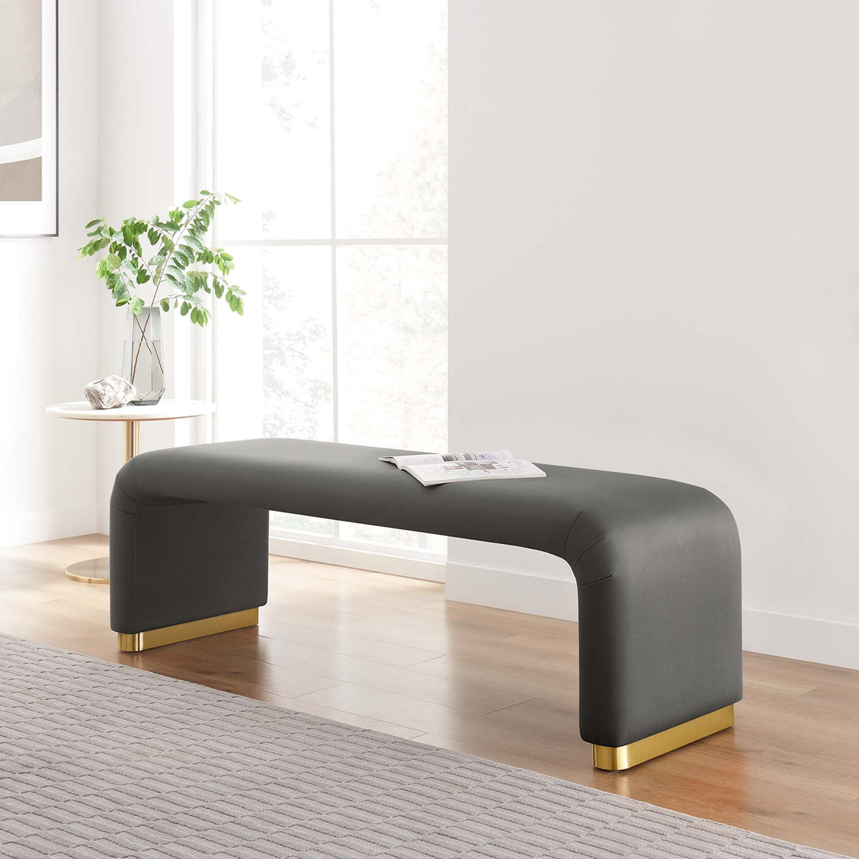 60 Inch Performance Velvet Waterfall Long Bench with Metal Base