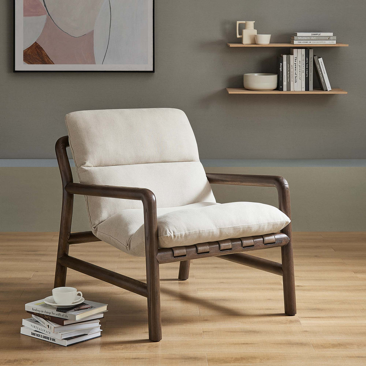 29 Inch Wood Sling Chair in Walnut