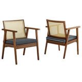 31 Inch Mid-Century Modern Vegan Leather and Cane Accent Armchair - Set of 2