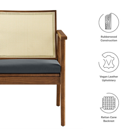 31 Inch Mid-Century Modern Vegan Leather and Cane Accent Armchair - Set of 2