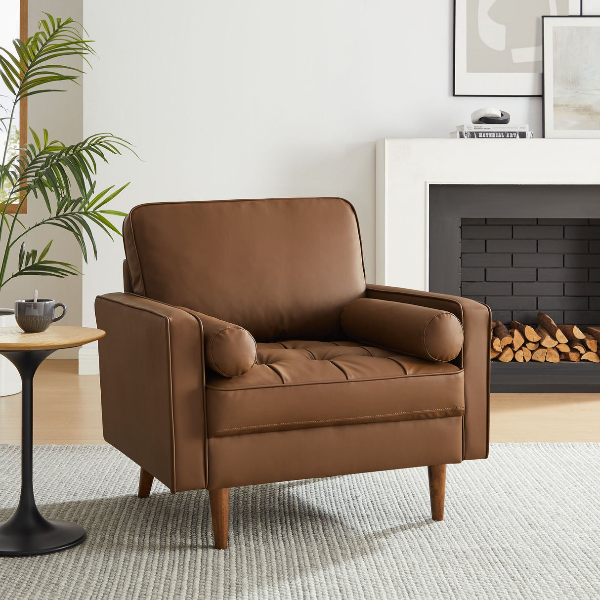 36 Inch Tufted Vegan Leather Accent Armchair with Bolster Pillows