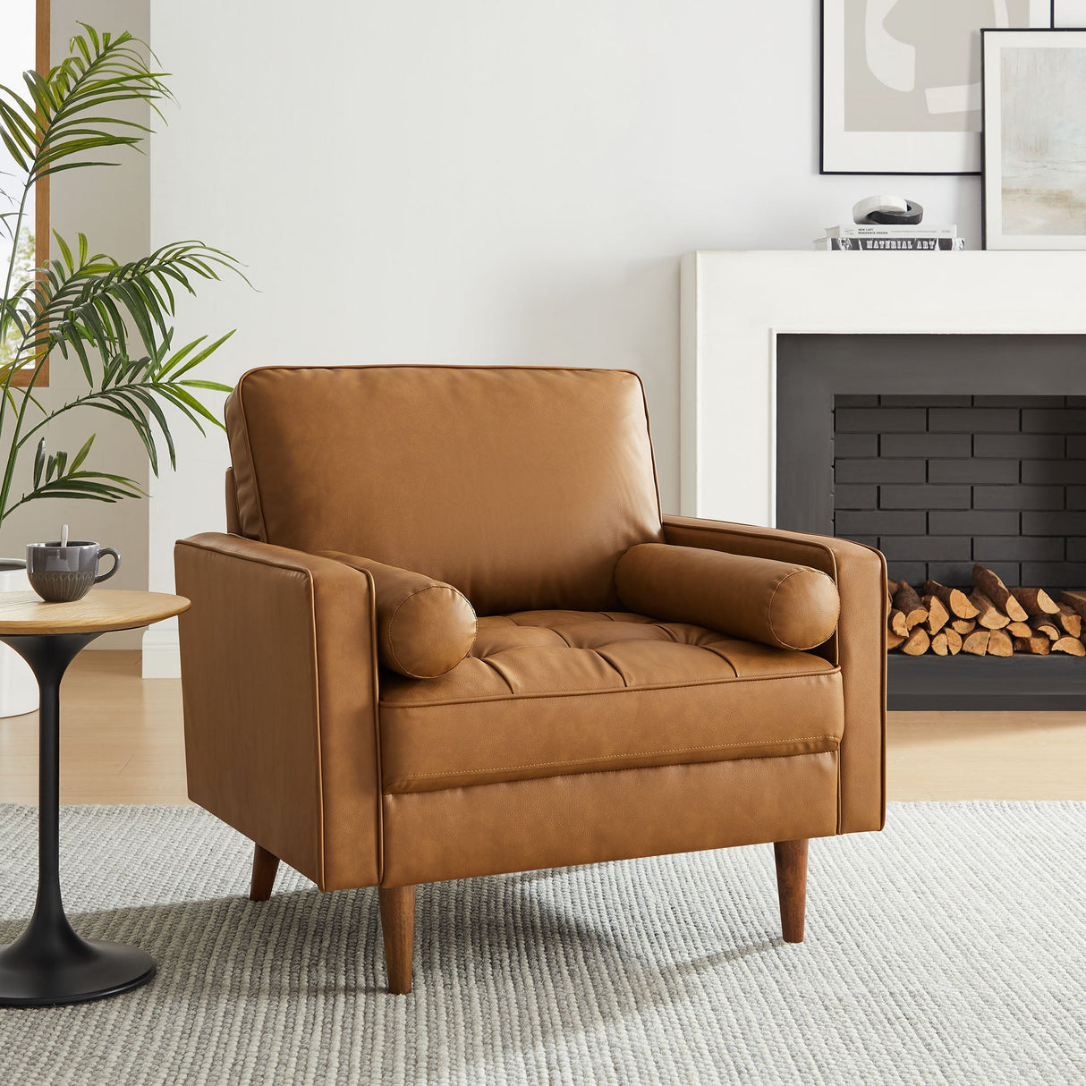 36 Inch Tufted Vegan Leather Accent Armchair with Bolster Pillows
