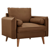 36 Inch Mid-Century Modern Vegan Leather Accent Armchair with Bolster Pillows and Splayed Wood Legs