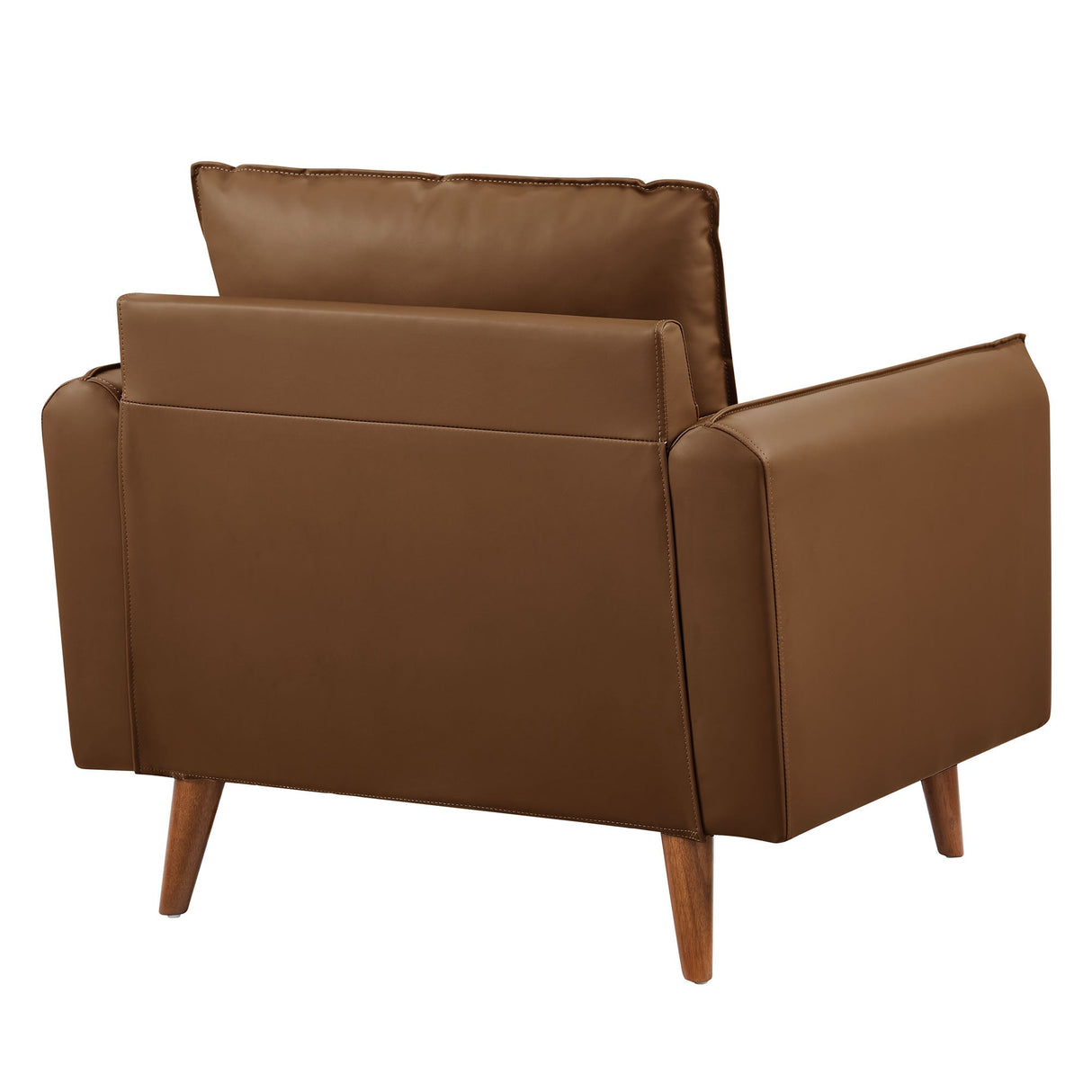 36 Inch Mid-Century Modern Vegan Leather Accent Armchair with Bolster Pillows and Splayed Wood Legs