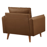 36 Inch Mid-Century Modern Vegan Leather Accent Armchair with Bolster Pillows and Splayed Wood Legs