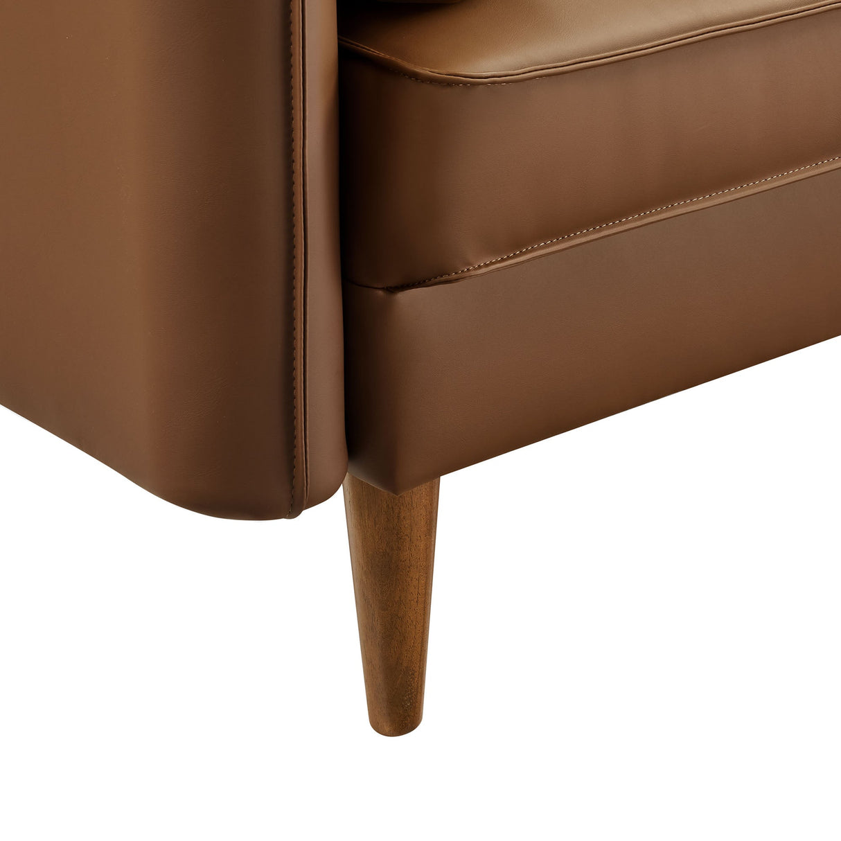 36 Inch Mid-Century Modern Vegan Leather Accent Armchair with Bolster Pillows and Splayed Wood Legs