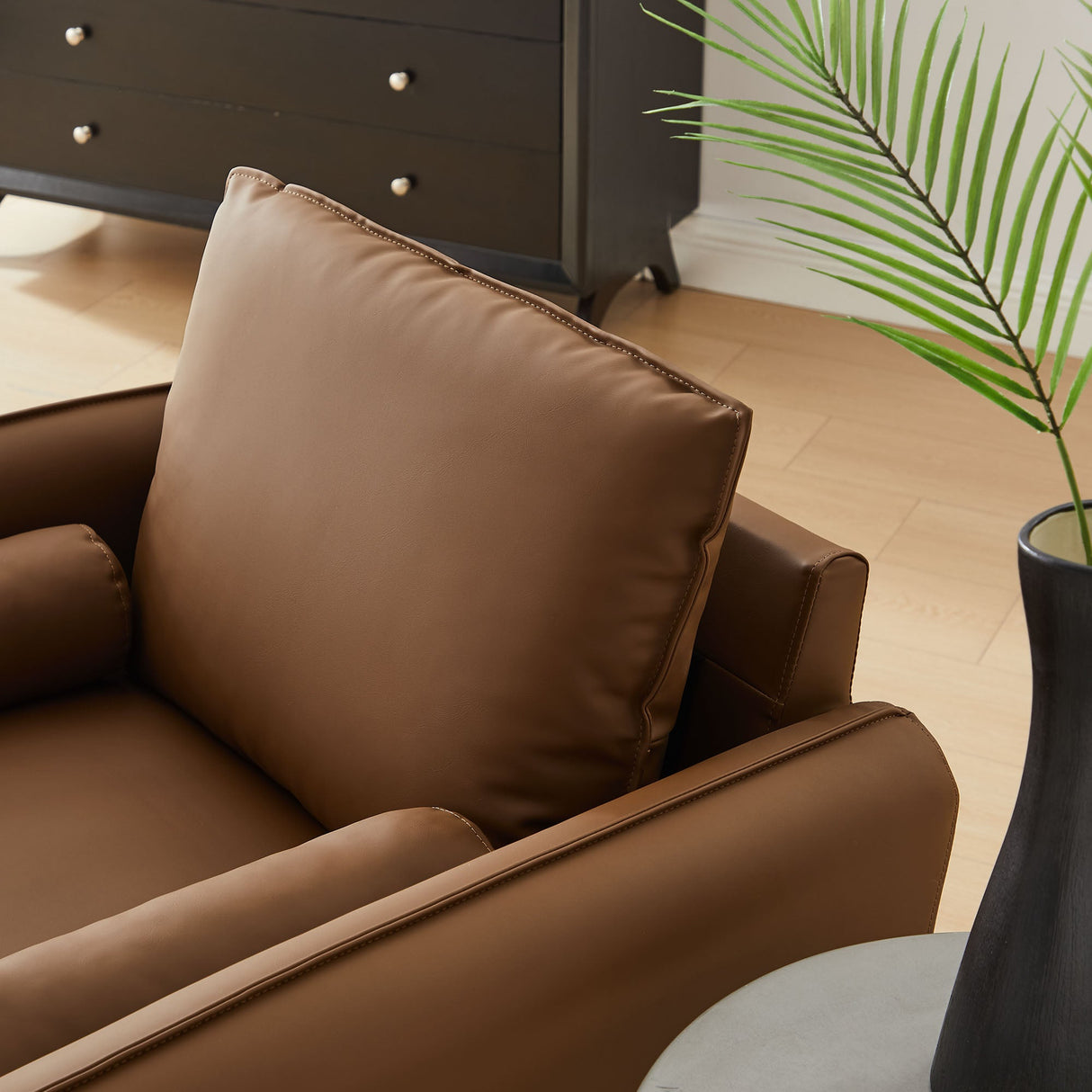 36 Inch Mid-Century Modern Vegan Leather Accent Armchair with Bolster Pillows and Splayed Wood Legs