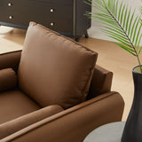 36 Inch Mid-Century Modern Vegan Leather Accent Armchair with Bolster Pillows and Splayed Wood Legs