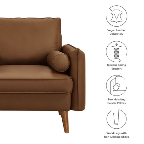 36 Inch Mid-Century Modern Vegan Leather Accent Armchair with Bolster Pillows and Splayed Wood Legs