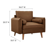 36 Inch Mid-Century Modern Vegan Leather Accent Armchair with Bolster Pillows and Splayed Wood Legs