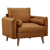 36 Inch Mid-Century Modern Vegan Leather Accent Armchair with Bolster Pillows and Splayed Wood Legs