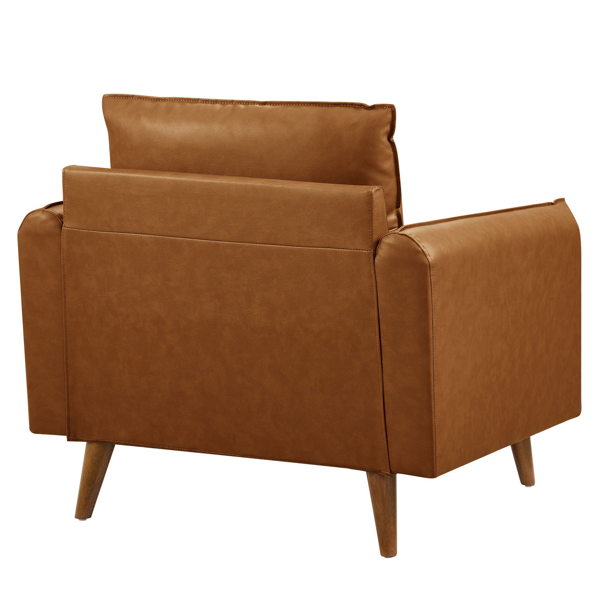 36 Inch Mid-Century Modern Vegan Leather Accent Armchair with Bolster Pillows and Splayed Wood Legs