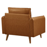 36 Inch Mid-Century Modern Vegan Leather Accent Armchair with Bolster Pillows and Splayed Wood Legs