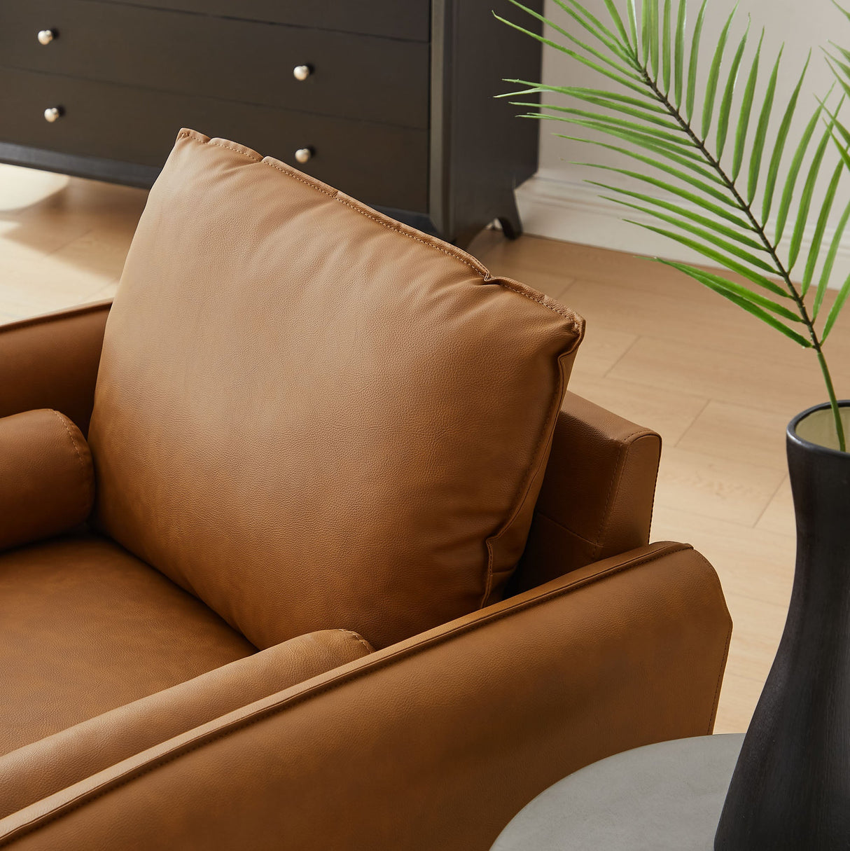 36 Inch Mid-Century Modern Vegan Leather Accent Armchair with Bolster Pillows and Splayed Wood Legs