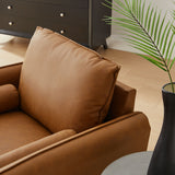 36 Inch Mid-Century Modern Vegan Leather Accent Armchair with Bolster Pillows and Splayed Wood Legs