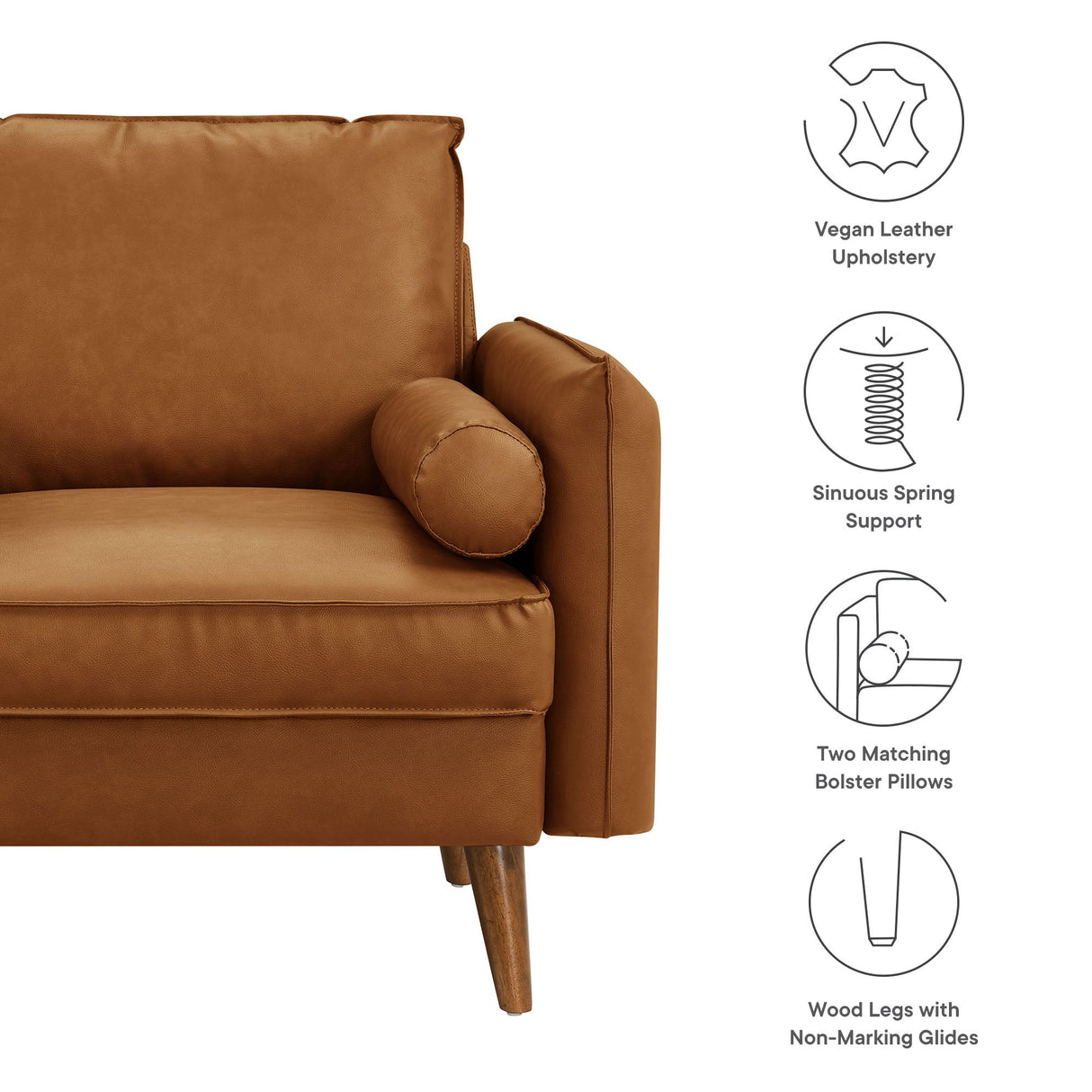 36 Inch Mid-Century Modern Vegan Leather Accent Armchair with Bolster Pillows and Splayed Wood Legs