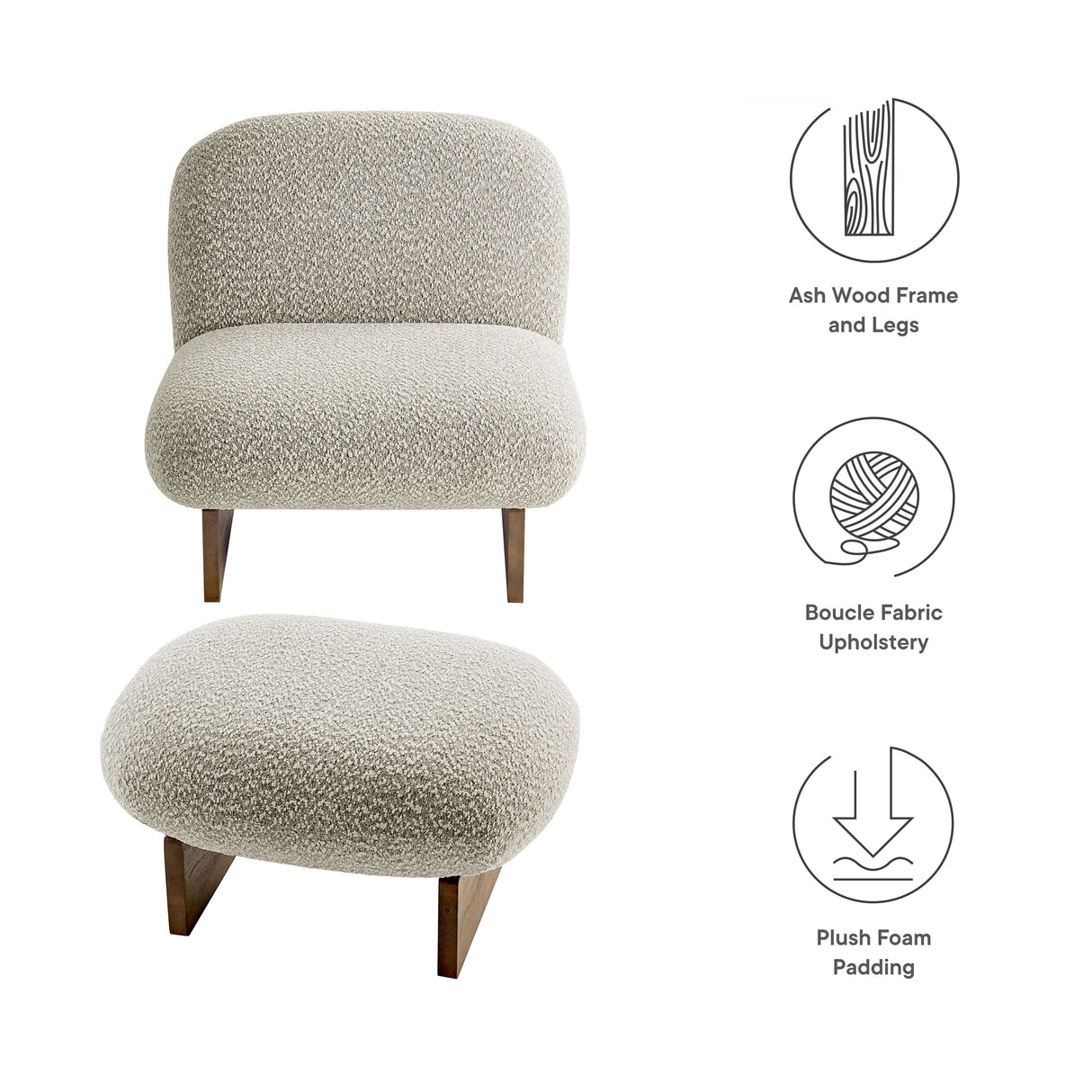 32 Inch Rounded Boucle Fabric Accent Chair and Ottoman Set