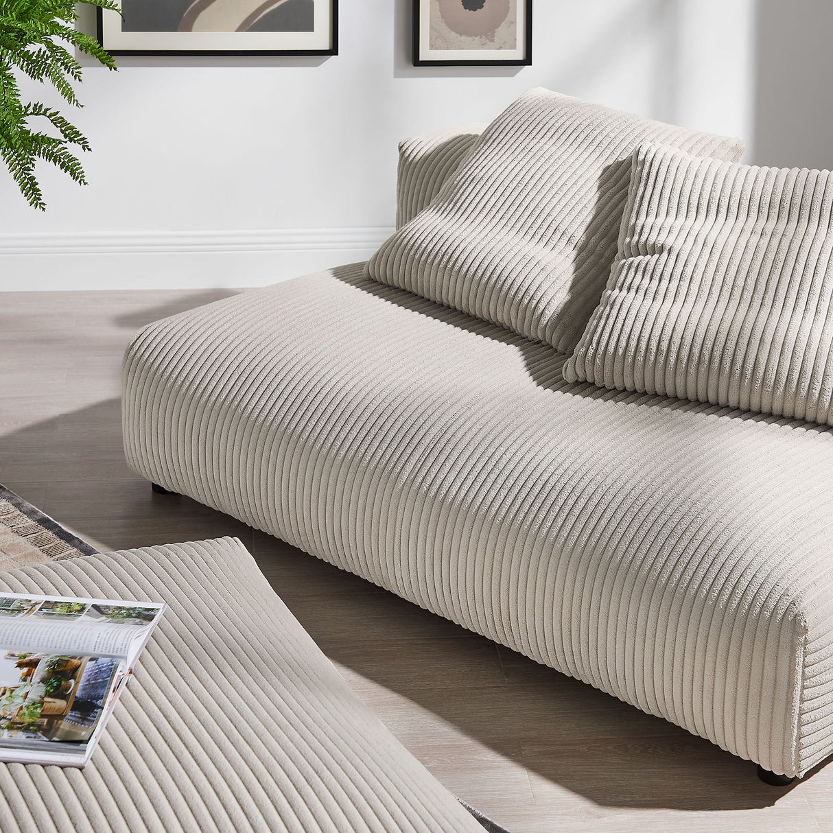 2 Piece 91" Modular Corduroy Upholstered Armless Loveseat and Ottoman Set