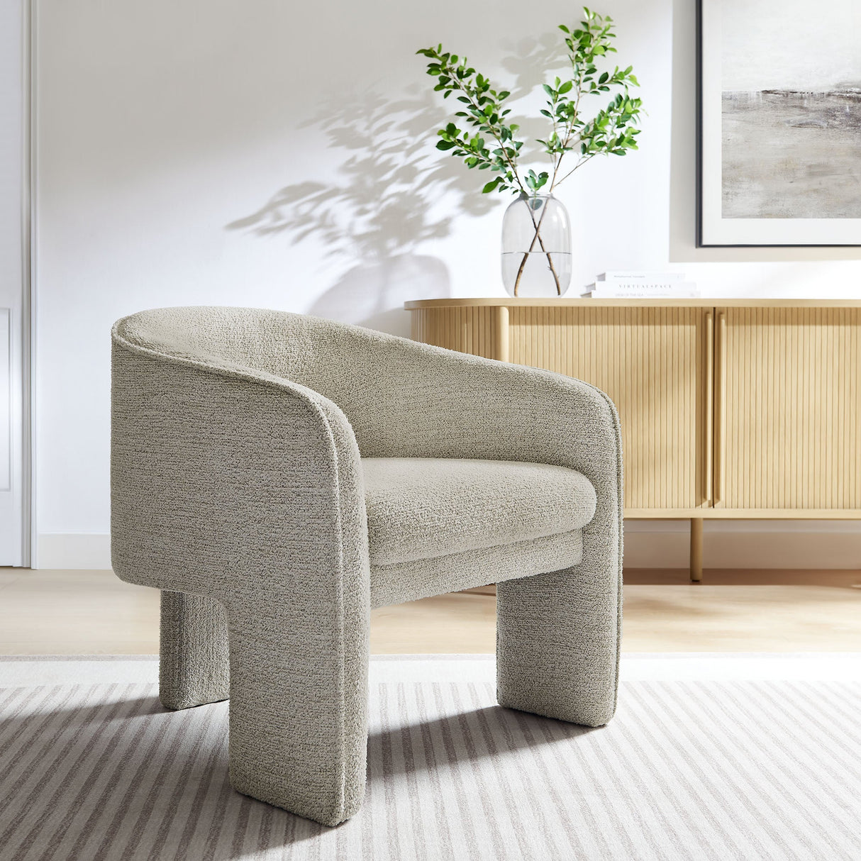 27 Inch Boucle Fabric Barrel Accent Chair with 3-Leg Design