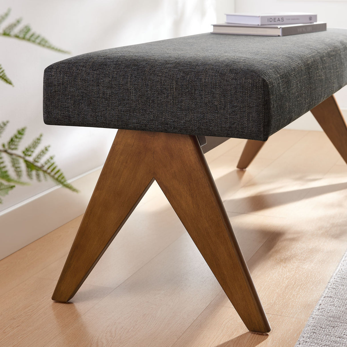 47 Inch Boucle Upholstered Accent Bench with Splayed Rubberwood Legs